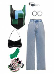 少女夏季不對稱領口字母印花無袖上衣和長褲休閒兩件套裝 - 彩色 - 查看 1