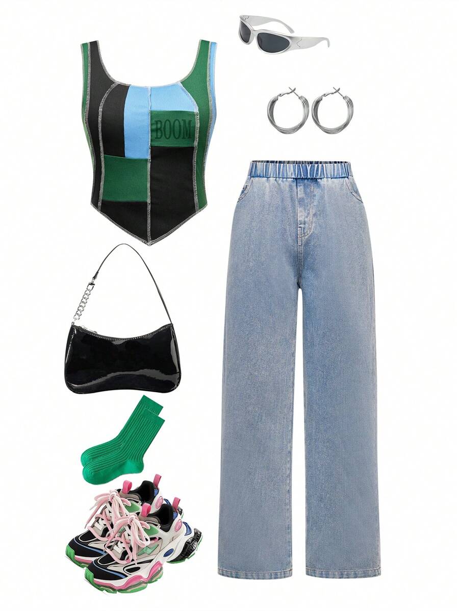 少女夏季不對稱領口字母印花無袖上衣和長褲休閒兩件套裝 - 彩色 - 查看 1