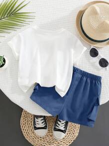 SHEIN Baby Jungen Lässig Set aus Rundhals-Farbblock Kurzarm T-Shirt mit Buchstaben Muster und Shorts