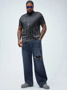 Manfinity Homme Men's Plus Size Loose Fit Wide Leg Casual Baggy Jeans With Rips And Pockets - Dark Wash - View 3