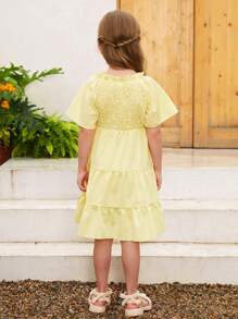 女童纯色编织荷叶边松紧腰 A 字形连衣裙，配有松紧袖口，适合休闲外出和夏季度假 - 母女配套服装（3 件单独出售） - 芥末黃 - 查看 2