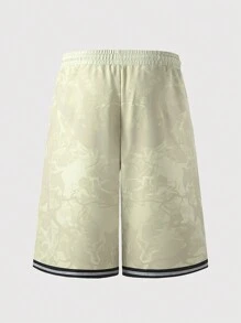 ROMWE MEN Anime Men's Summer Fashionable Cartoon Letter Printed Drawstring Waist Capri Baggy Shorts - Khaki - View 2