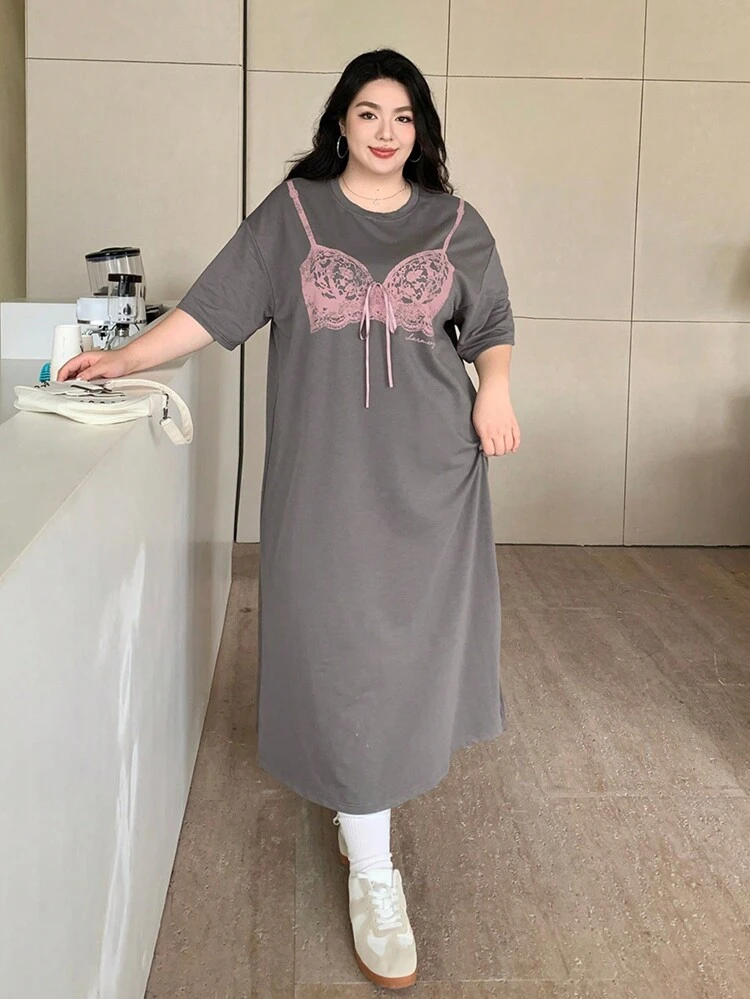 Dazy Plus Plus Size Printed Bow Waist Loose Long Short Sleeve Dress Sundress,Casual Women Dresses Maxi Dress