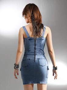 SHEIN Explorewe Y2K Style Fitted Stretchy Denim Dress For Teen Girls, Streetwear