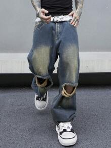 Manfinity Roghcode Hombre Jeans rasgados y deshilachados con corte recto y pierna holgada - Lavado ligero - Ver 3