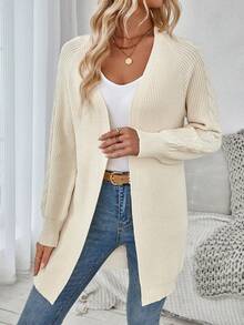 SHEIN LUNE Casual Women's Front Open Twist-Front Long Cardigan With Cable Sleeves - Apricot - View 5