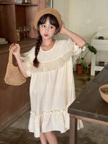 SHEIN Tween Girls' Countryside Style Wide Ruffle Hem Round Neck Short Sleeve A-Line Dress, Perfect For Casual Summer - Apricot - View 5