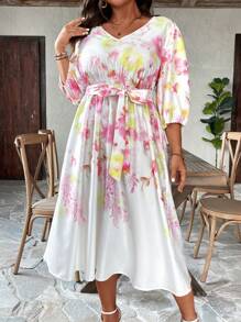 SHEIN Clasi 加大碼花卉印花燈籠袖腰帶連身裙 - 白色 - 查看 7