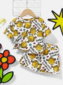 Mr Men Little Miss X SHEIN Young Girl Flower Letter Cartoon Print Casual Lettuce Trim Crop Top And Shorts Homewear Set - Yellow - View 3