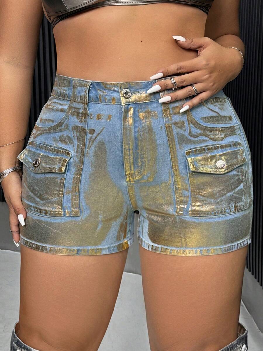 SHEIN ICON 夏季加口袋荷葉邊牛仔短褲 - 中等水洗藍 - 查看 1