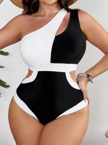 Swim Vcay 大码拼色镂空单肩连体泳衣夏季 - 黑與白 - 查看 5