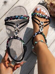 女款黑色平底涼鞋，編織設計，輕盈舒適且防滑，編織花紋隨機 - 彩色 - 查看 2