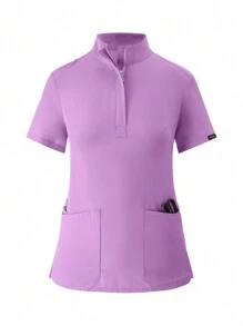 Women's Matte Elastic Jogging Uniform, Nursing Scrub, Hand Washing, Breathable Brushed Clothing, With Pockets Set - Mauve Purple - View 3