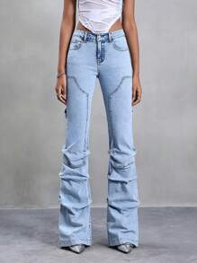 Jeanoix Pantalones vaqueros acampanados de tiro alto con pliegues, de estilo vintage, con bolsillos, para mujer - Lavado ligero - Ver 4