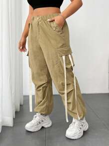 Flirla 大码女式多口袋编织腰带工装裤