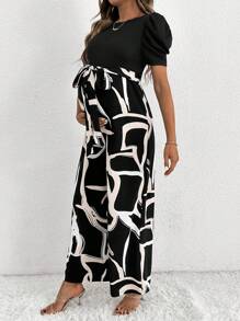 SHEIN 孕婦短袖圓領打結前拉鍊後連身裝