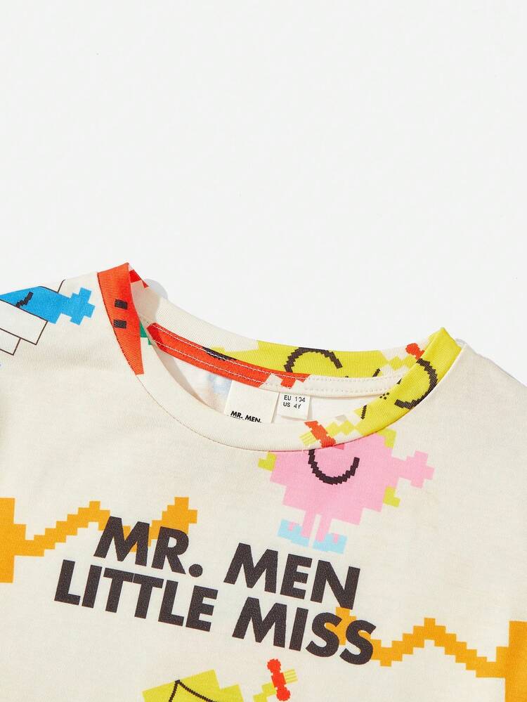 Mr Men Little Miss X SHEIN Cậu bé Dopamine Phim hoạt hình đầy màu sắc In áo thun cổ tròn đơn giản có tay áo trễ vai - Màu be - Xem 8