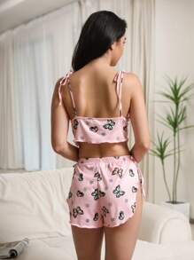 Cartoon Graphic Tie Shoulder Cami Top & Shorts PJ Set / Pajama Set - Pink - View 2