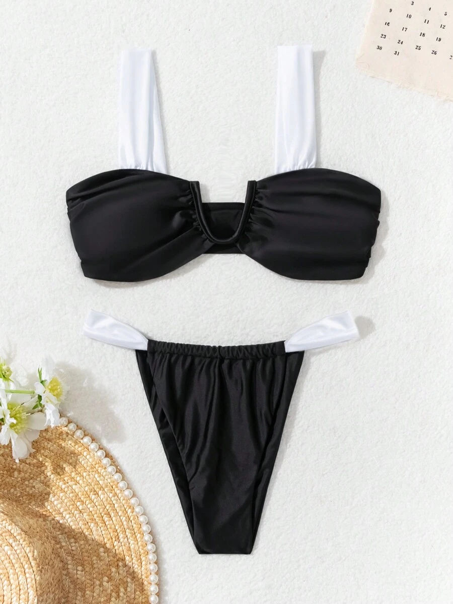 SHEIN Swim Women's Summer Beach Contrast Color Ruched Sexy Bikini Set - Black and White - View 1