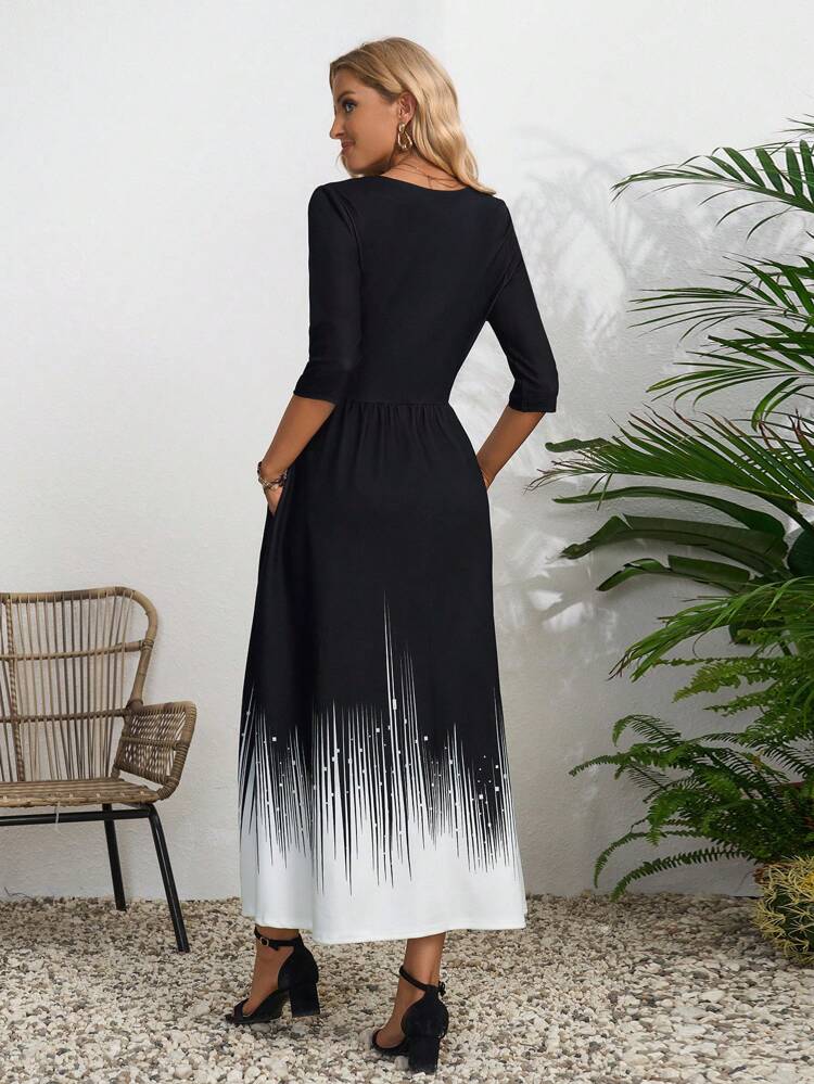 Black&White&Yellow Abstract Striped Pattern Wave Collar Ladies' Casual 3/4 Sleeve Dress
