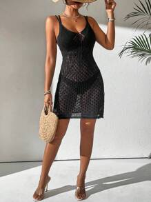 SHEIN Swim Vestido cover up tejido con abertura - Negro - Ver 4