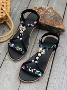 WRCVS Women's Black Flat Sandals Handmade Beaded Pearl Decoration Woven Lightweight Anti-Slip Beach Slipper With Random Woven Pattern