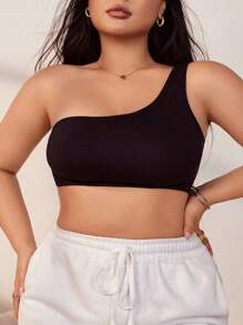SHEIN Plus Comfortable Solid Wireless One Shoulder Bralette - Black - View 3