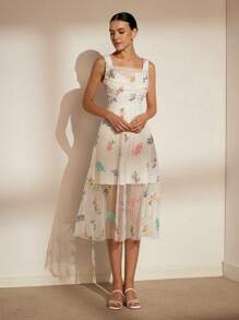 Aveloria Rosie Vestido de vacaciones para mujer, tirantes finos y sin mangas, con malla transparente de hada y bordado