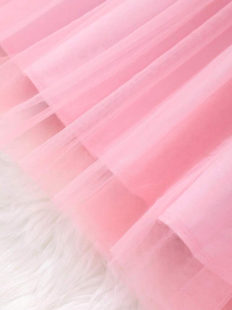 SHEIN 青少女粉色3D花朵網紗洋裝 - 粉色 - 查看 4