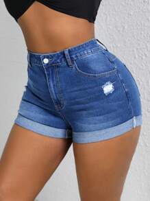 SHEIN SXY Cộng với quần short denim cạp cao rách viền cuộn - Màu xanh lam - Xem 3