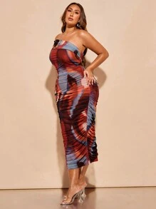 SHEIN BAE Plus Size Women's Elegant Off Shoulder Ruched Mesh Marble Printed Bodycon Midi Dress For Date Or Street Outing - Multicolor - View 6