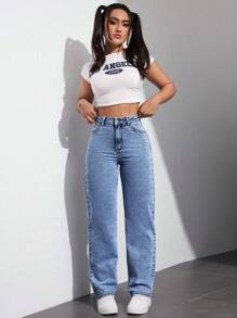 SHEIN EZwear Women's Solid Color Simple Daily Jeans - Blue - View 6