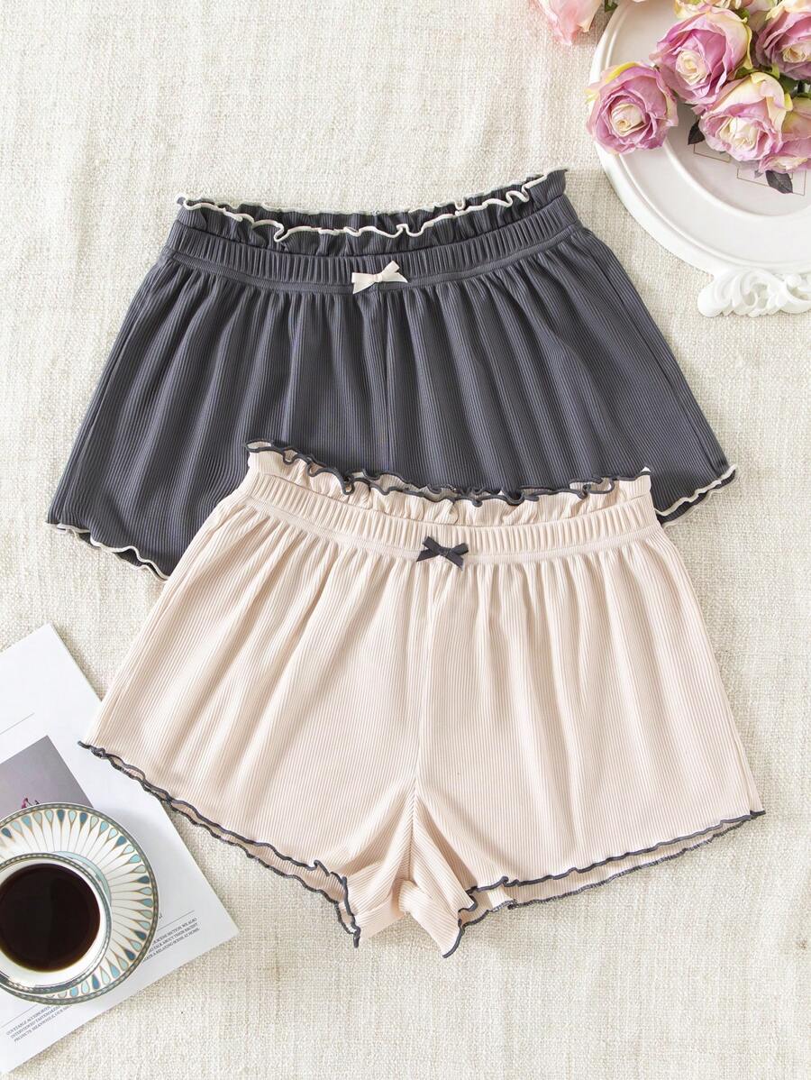 2入組生菜邊蝴蝶結前短睡褲 - 深灰色 - 查看 1