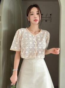 DAZY Lace Round Neck Women's Solid Color Simple Daily Top Sheer - Apricot - View 8