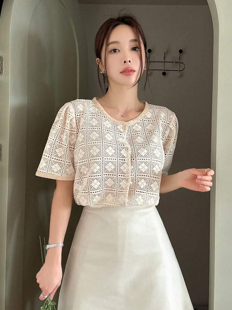 Lace Round Neck Women's Solid Color Simple Daily Top Sheer