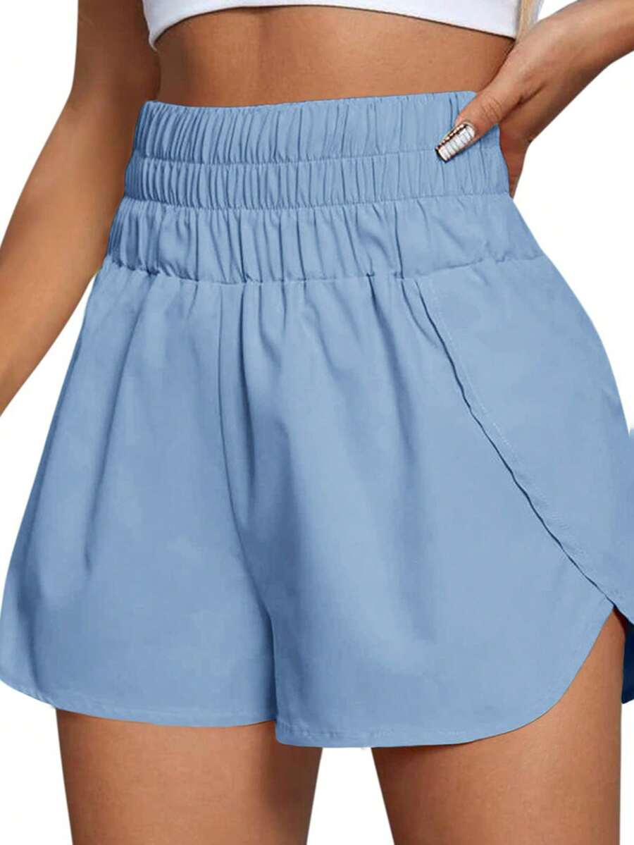 Women's Solid Color Minimalistic Casual Cinched Waist Shorts - Blue - View 1