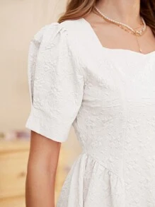 SHEIN Privé Elegant White Puff Sleeve Waist Cinched Embossed Fabric Women's Dress - White - View 3