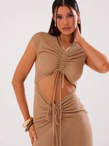 MUSERA 镂空褶皱长款连衣裙，优雅春夏度假派对长裙，毕业舞会礼服 - 咖啡 - 查看 6