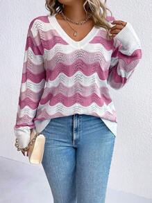 SHEIN LUNE Áo len dài tay phối màu đơn giản dành cho nữ cỡ lớn, thích hợp mặc hàng ngày, áo len chui đầu mùa đông và mùa thu. - Nhiều màu - Xem 3