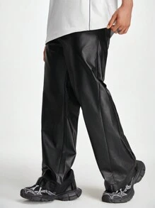 Manfinity RebelGame Men's Loose Wide-Leg Leather Pants - Black - View 6