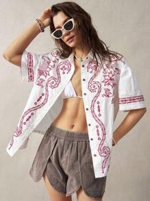 Bohemela 女性教師度假刺繡裝飾休閒襯衫 - 白色 - 查看 3