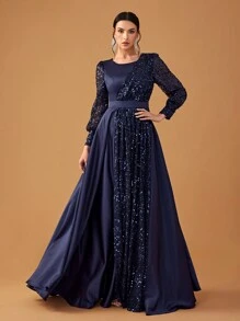 YISIKADO 女士亮片撞色缎面正式晚礼服优雅舞会礼服圆领长袖端庄长裙婚礼宾客晚宴毕业