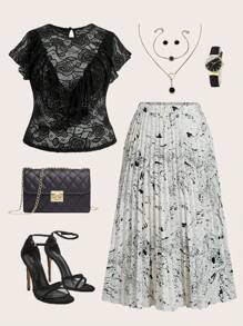 SHEIN Clasi 夏季優雅長裙，黑色褶皺收腰設計，黑白墨點圖案並有精美蕾絲邊緣 - 黑與白 - 查看 1