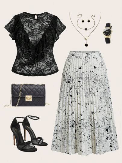 SHEIN Clasi 夏季優雅長裙，黑色褶皺收腰設計，黑白墨點圖案並有精美蕾絲邊緣