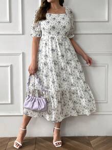 SHEIN LUNE Plus Size Square Neckline Puff Sleeve Cinching Waist Dress - Multicolor - View 5