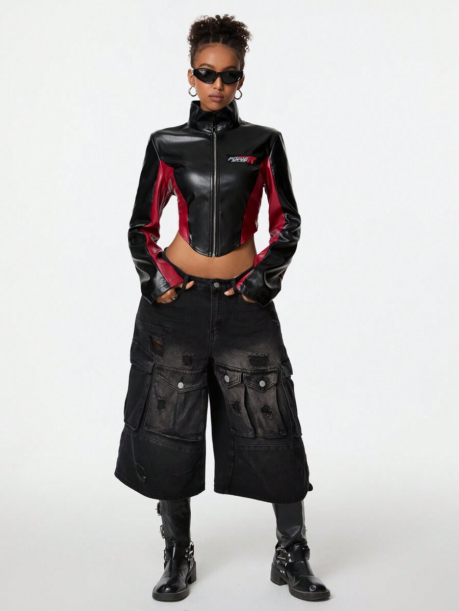 SHEIN Coolane Women's Winter Race Car Driver Black & RedShort Leather