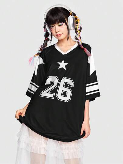 ROMWE Avant Ladies' Casual Sweet Star Digital Sports Printed Short Sleeve Oversized Jersey T-Shirt, Summer, School