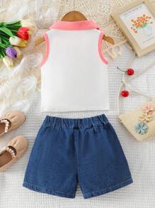 Girls' Contrast Color Turn-Down Collar Sleeveless Top And Shorts Set, Summer - Multicolor - View 2