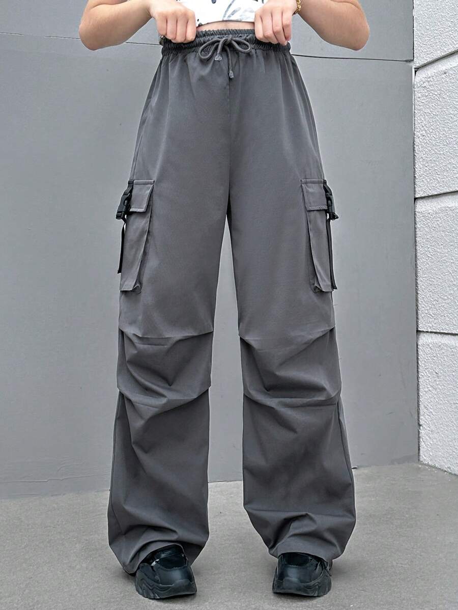 SHEIN Teen Girl Flap Pocket Drawstring Waist Cargo Pants - Grey - View 1