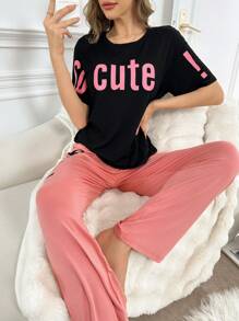 Conjunto de ropa de hogar con estampado de letras, mangas cortas y pantalones largos - Multicolor - Ver 5